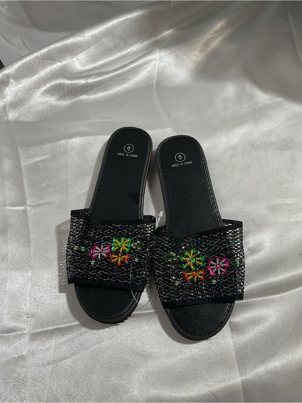 Stylish Black Slide Sandals with Multicolor Floral Embroidery